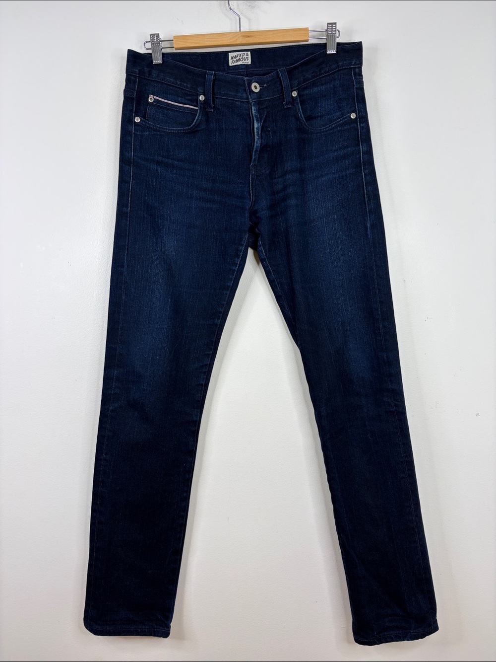 Naked & Famous Jeans Mens 34 x 32 Dark Blue Light Stretch Selvedge Slim Tapered